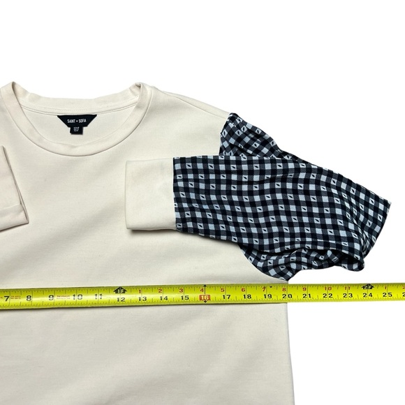 Saint + Sofia Contrast Sleeve Sweatshirt Cream Gingham Puff Sleeve Knit Top 8 - Picture 6 of 7